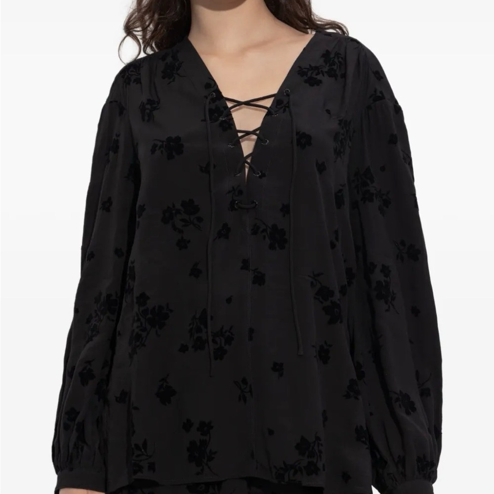 Zadig & Voltaire Tamala Black Floral Lace-Up V-Neck Women's top tunic size xxs - Picture 2 of 10